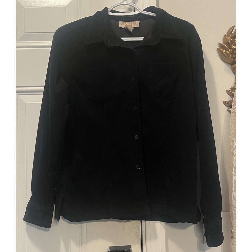 90s VTG Dark Academia Black Structured Long Sleeve Shirt Faux Suede Petite S